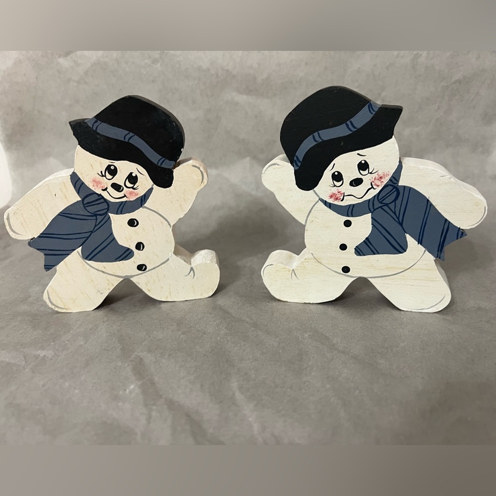 Snowmen Set wooden Handcrafted & Painted white black blue USA whimsy winter boho